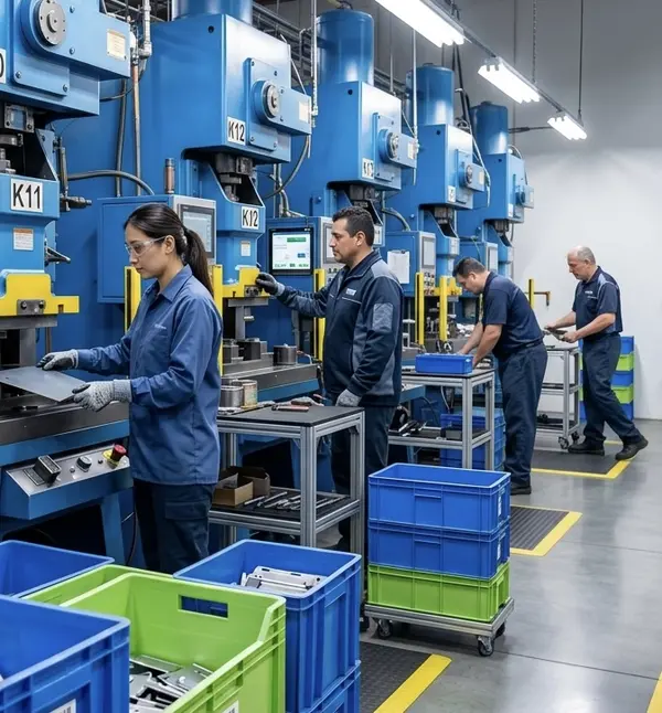 Manufacturing operatives working at industrial press machines on a production line